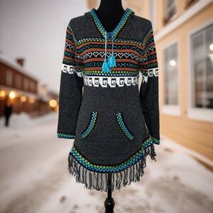 Ecologic Arts Alpaca Fair Isle Nordic Fringe Hooded Sweater Size L